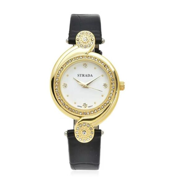 Strada Austrian Crystal Japanese Movement Watch with Black Faux Leather Strap - Picture 1 of 7